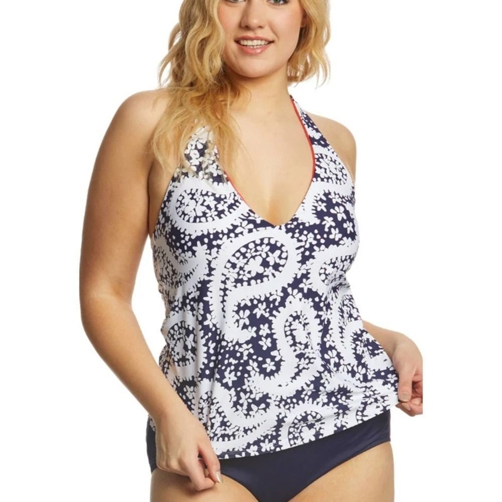 Anne Cole Pattie Paisley Halter Tankini Swim Top Blue 24W